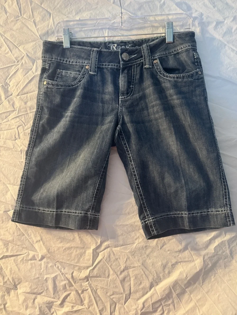 Wrangler Rock 47 Western Dark Blue Denim Long Shorts with White Stitching